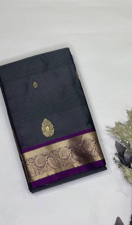 Steel Grey Semi Kanjivaram Silk Saree with Purple Zari Border|S14_5