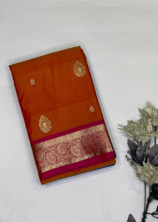 Orange Semi Kanjivaram Silk Saree with Pink Zari Border|S14_4