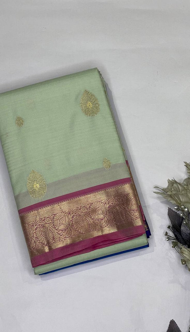 Pastel Mint Green Semi Kanjivaram Silk Saree with Pink Zari Border|S14_3