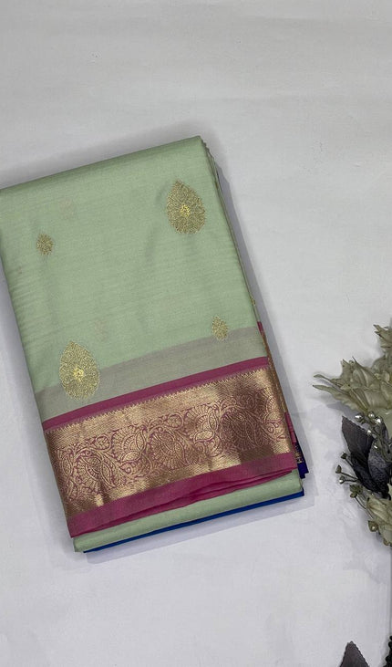 Pastel Mint Green Semi Kanjivaram Silk Saree with Pink Zari Border|S14_3