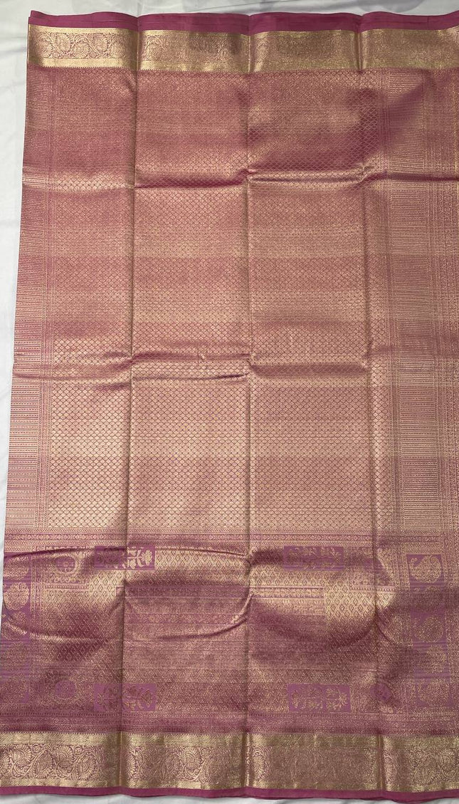 Pastel Mint Green Semi Kanjivaram Silk Saree with Pink Zari Border|S14_3