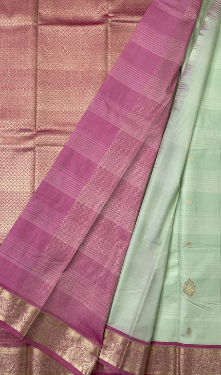 Pastel Mint Green Semi Kanjivaram Silk Saree with Pink Zari Border|S14_3