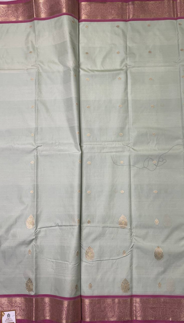 Pastel Mint Green Semi Kanjivaram Silk Saree with Pink Zari Border|S14_3