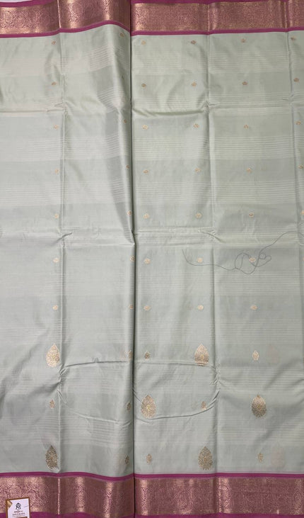Pastel Mint Green Semi Kanjivaram Silk Saree with Pink Zari Border|S14_3