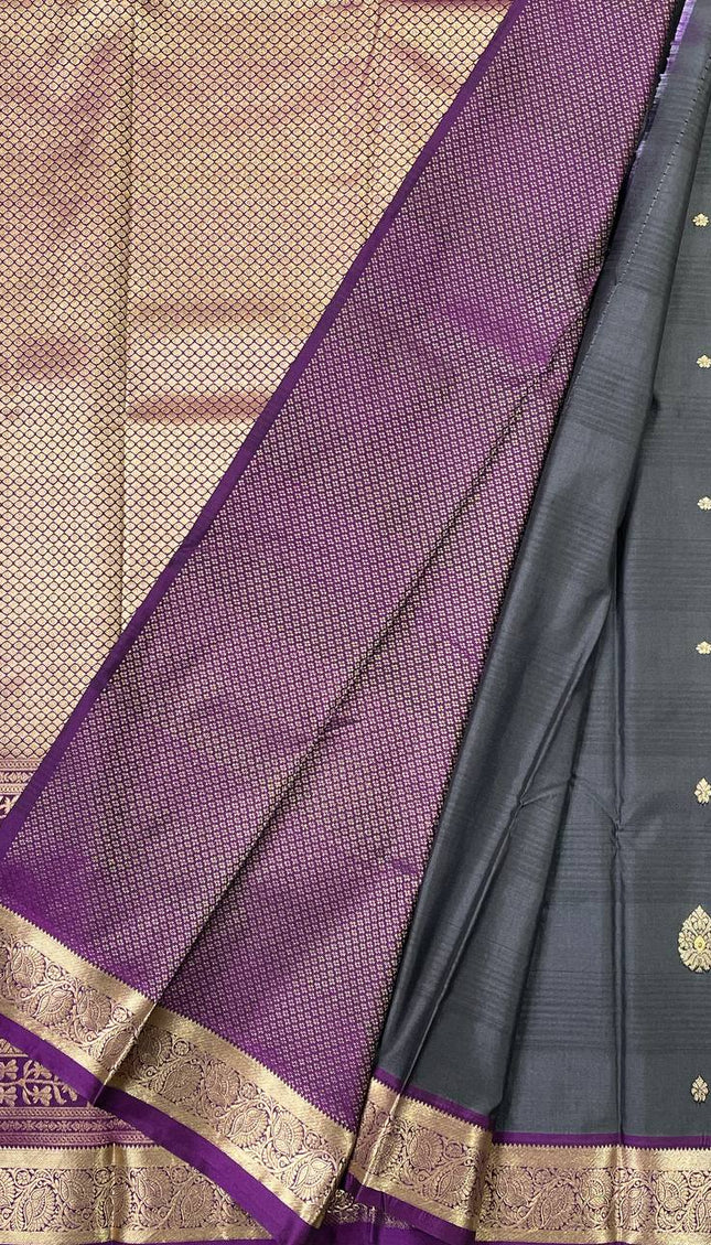 Steel Grey Semi Kanjivaram Silk Saree with Purple Zari Border|S14_5