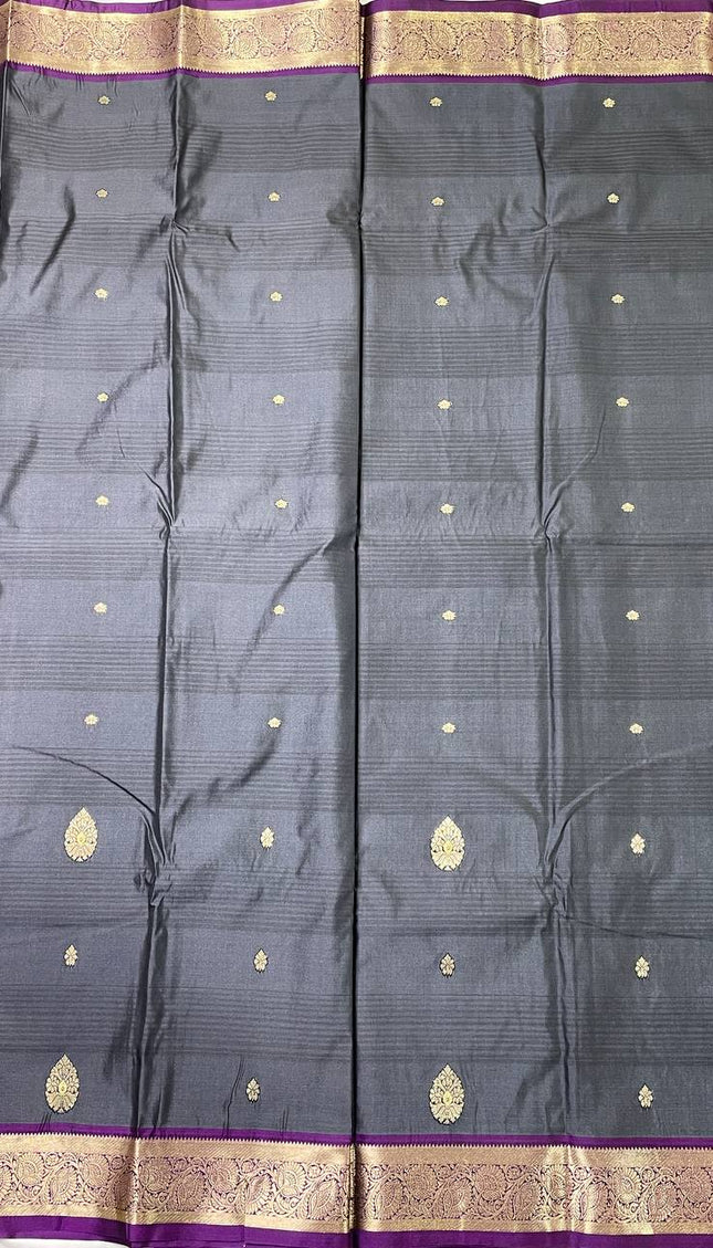 Steel Grey Semi Kanjivaram Silk Saree with Purple Zari Border|S14_5