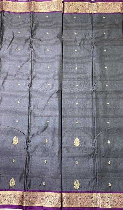 Steel Grey Semi Kanjivaram Silk Saree with Purple Zari Border|S14_5