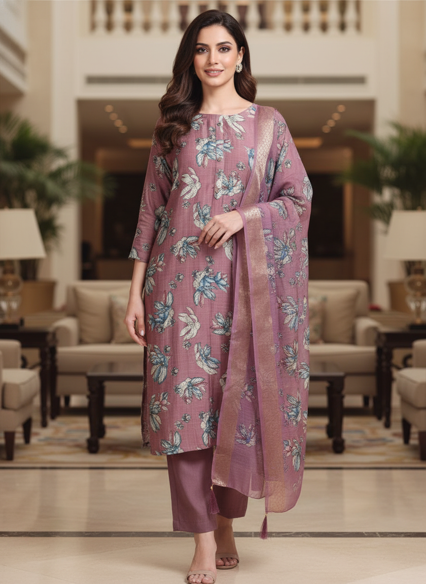 Purple Printed Kurti Set For Women| AS-00210