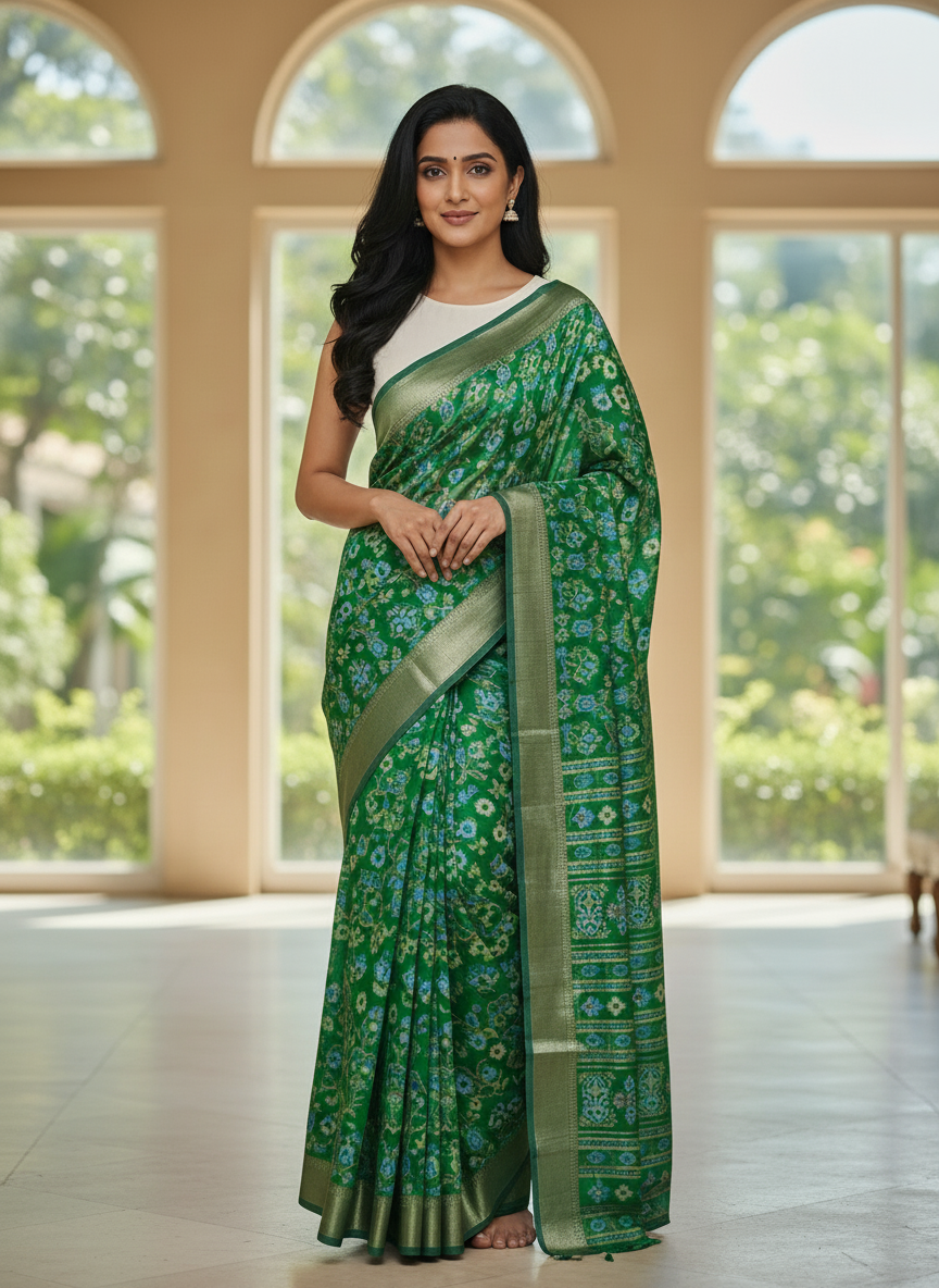 Emerald mustard Printed Soft chiffon Saree | AS-0090