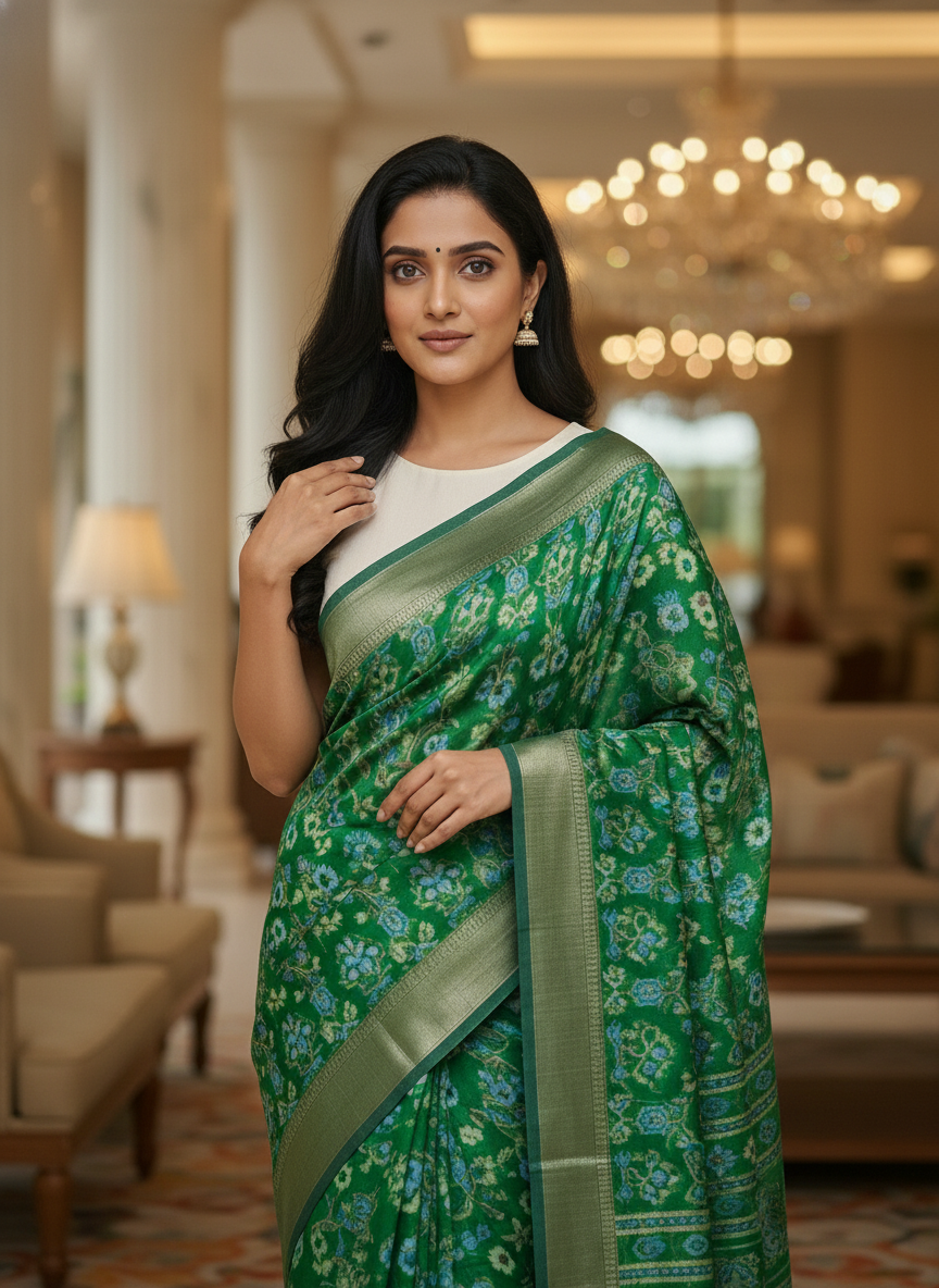 Emerald mustard Printed Soft chiffon Saree | AS-0090