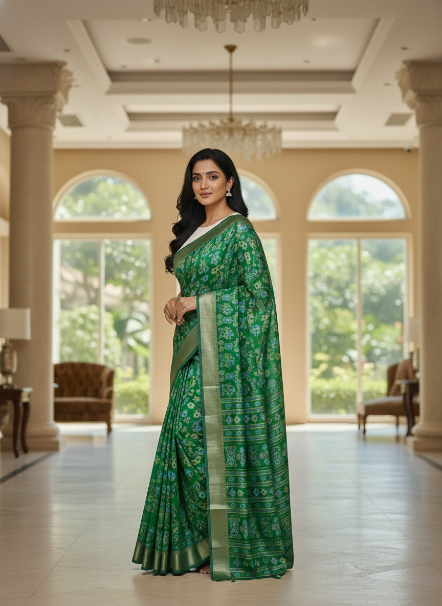 Emerald mustard Printed Soft chiffon Saree | AS-0090