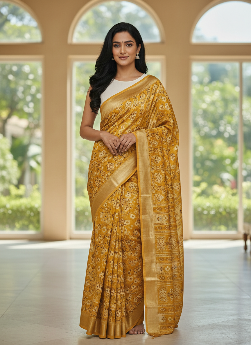 Emerald mustard Printed Soft chiffon Saree | AS-0090