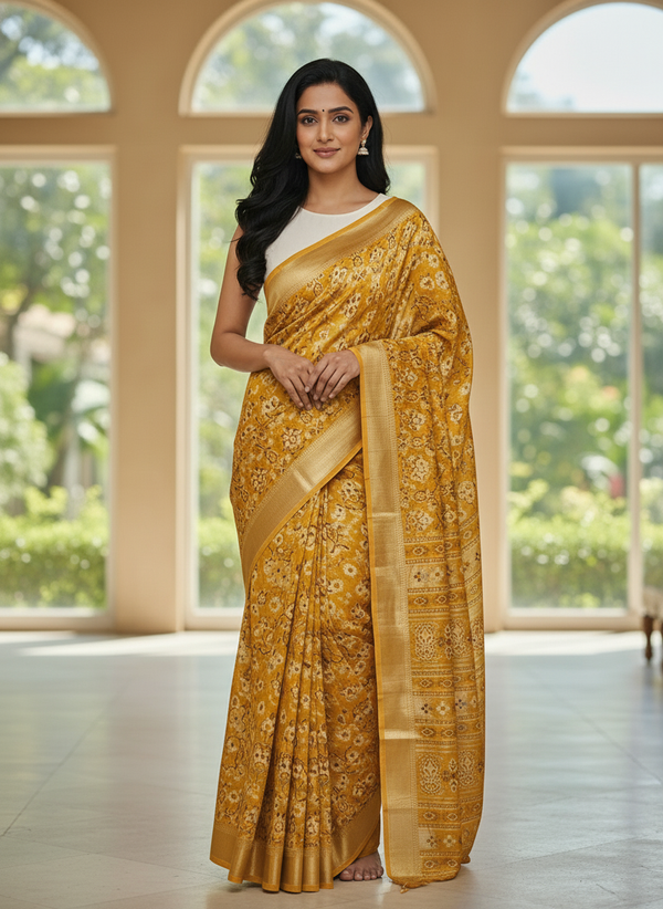 Emerald mustard Printed Soft chiffon Saree | AS-0090