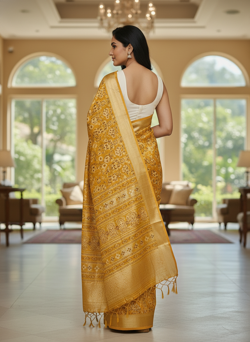 Emerald mustard Printed Soft chiffon Saree | AS-0090
