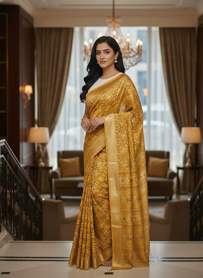 Emerald mustard Printed Soft chiffon Saree | AS-0090