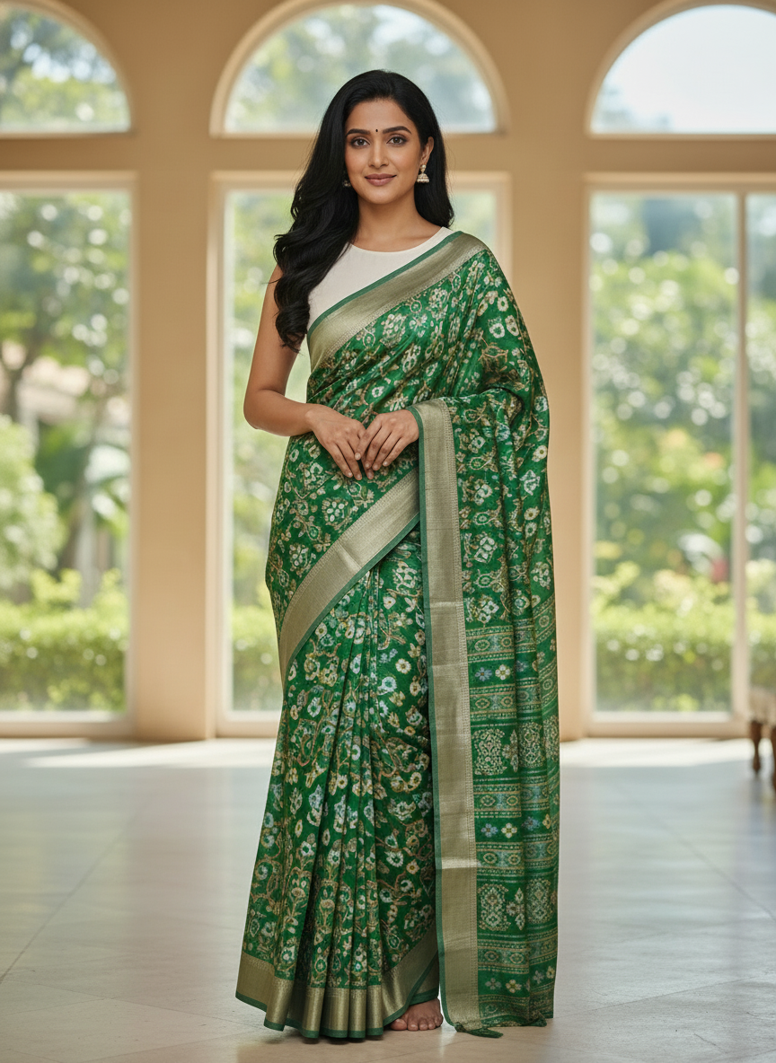 Emerald mustard Printed Soft chiffon Saree | AS-0090