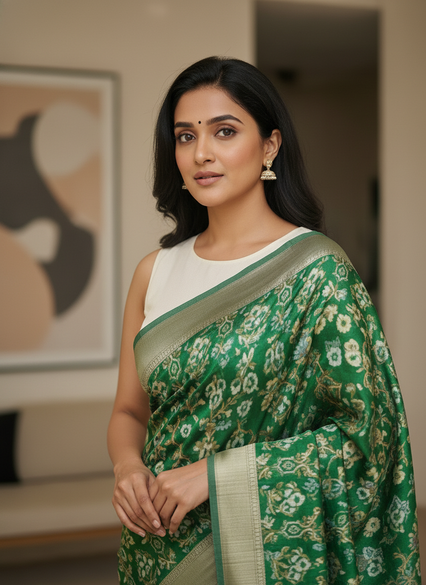 Emerald mustard Printed Soft chiffon Saree | AS-0090