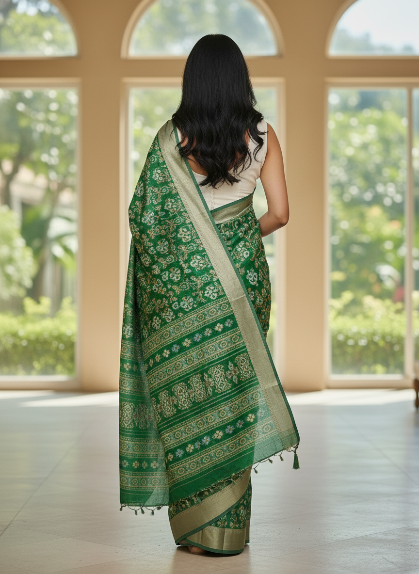 Emerald mustard Printed Soft chiffon Saree | AS-0090