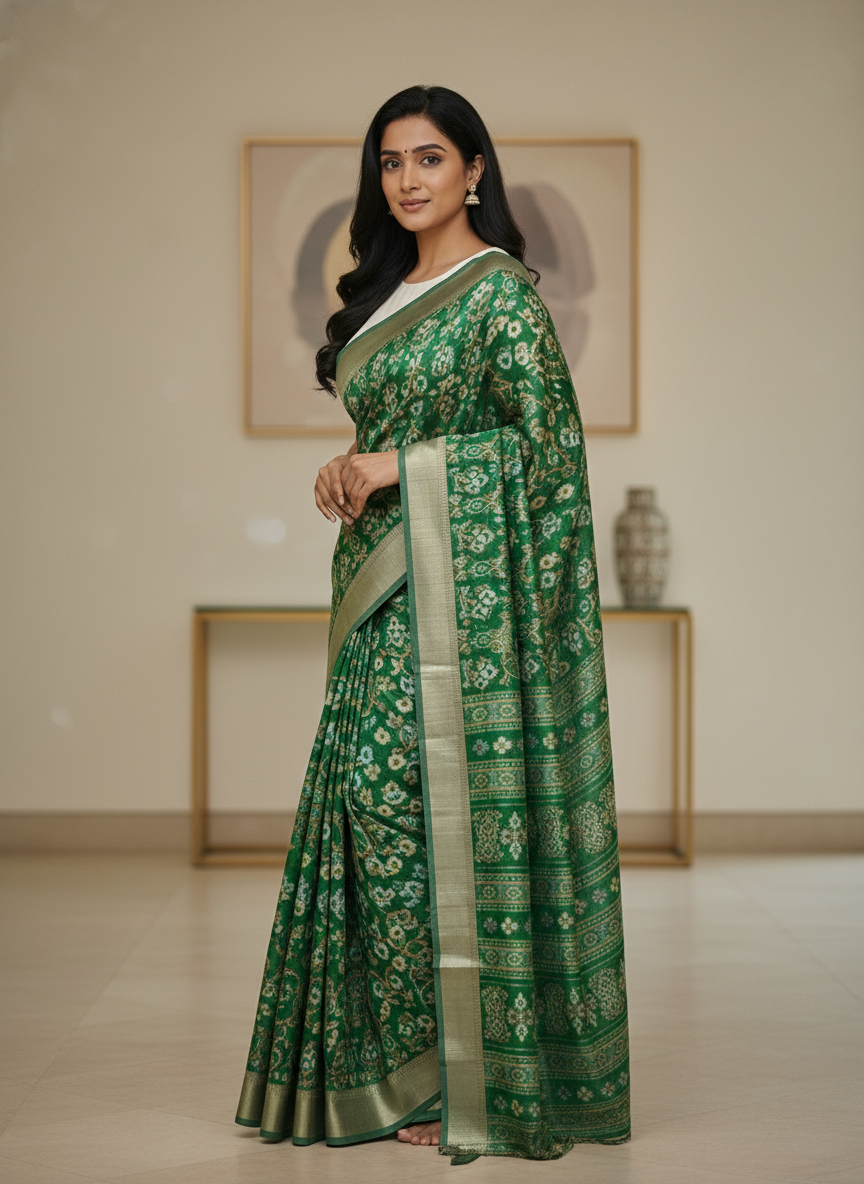 Emerald mustard Printed Soft chiffon Saree | AS-0090