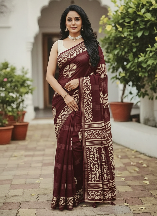 Emerald wine Printed Soft chiffon Saree | AS-0093