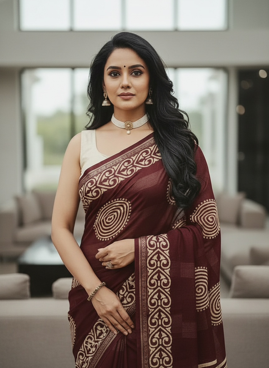 Emerald wine Printed Soft chiffon Saree | AS-0093