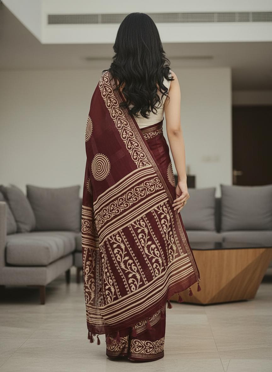 Emerald wine Printed Soft chiffon Saree | AS-0093
