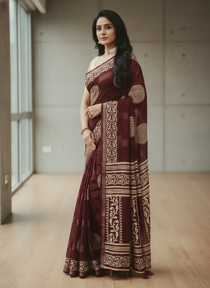Emerald wine Printed Soft chiffon Saree | AS-0093