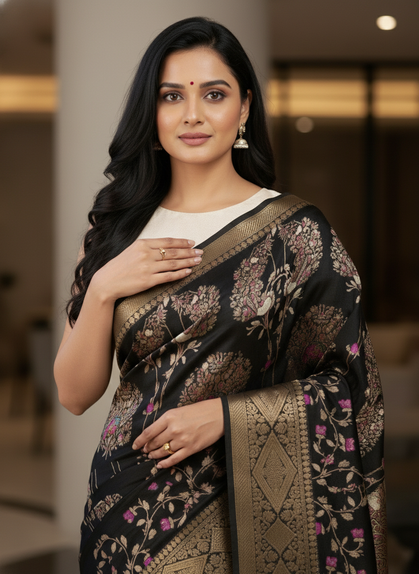 Emerald navy Printed Soft chiffon Saree | AS-0095