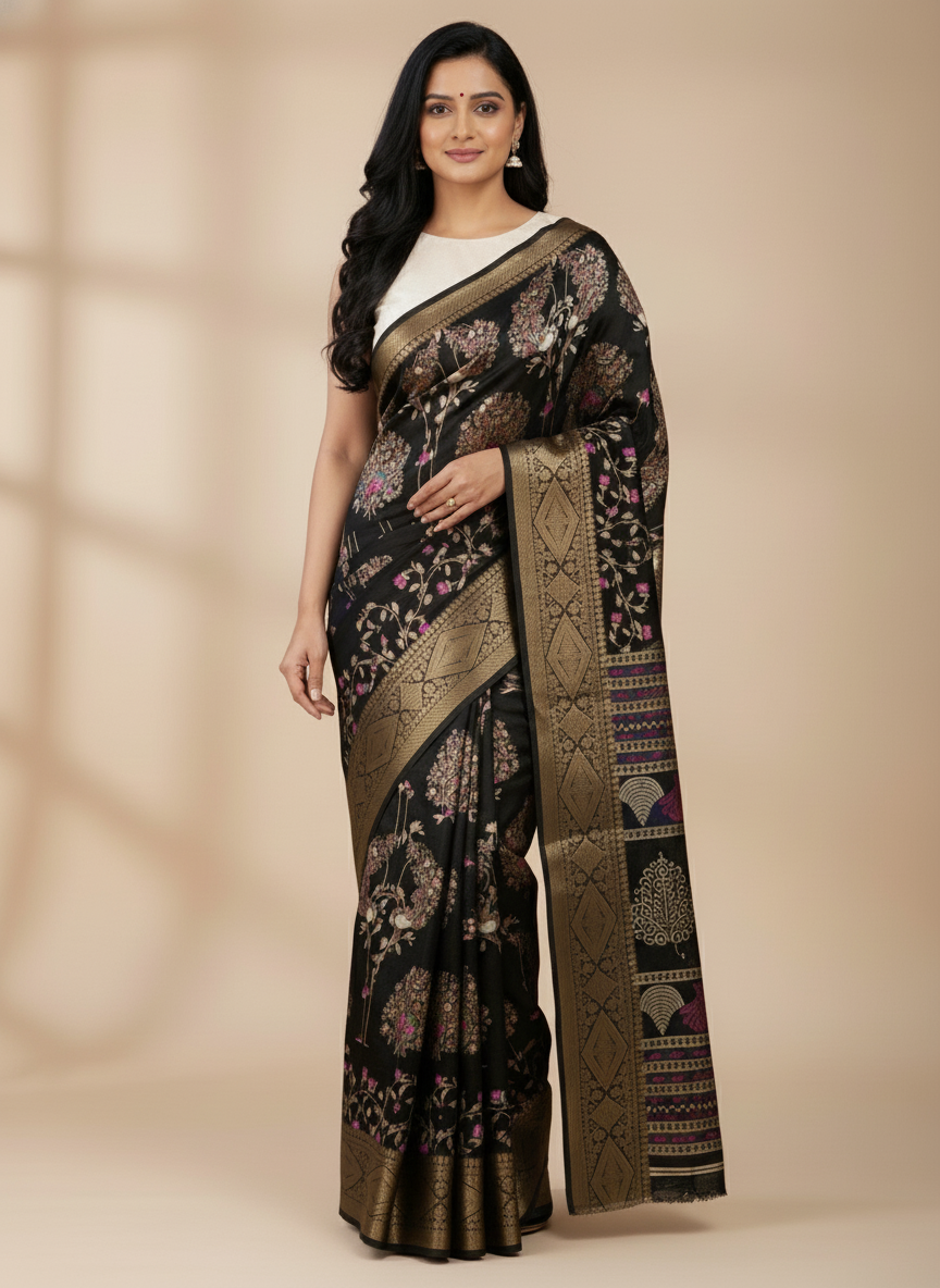 Emerald navy Printed Soft chiffon Saree | AS-0095
