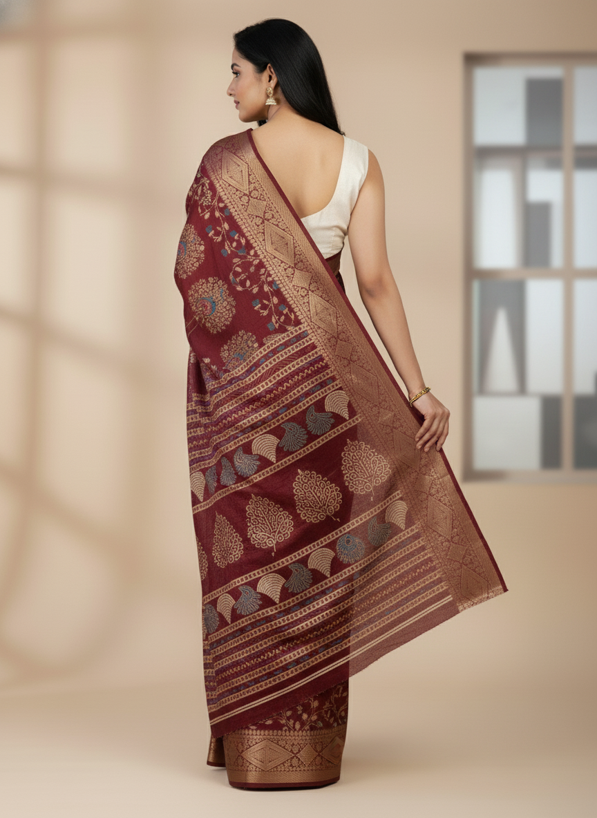 Emerald navy Printed Soft chiffon Saree | AS-0095