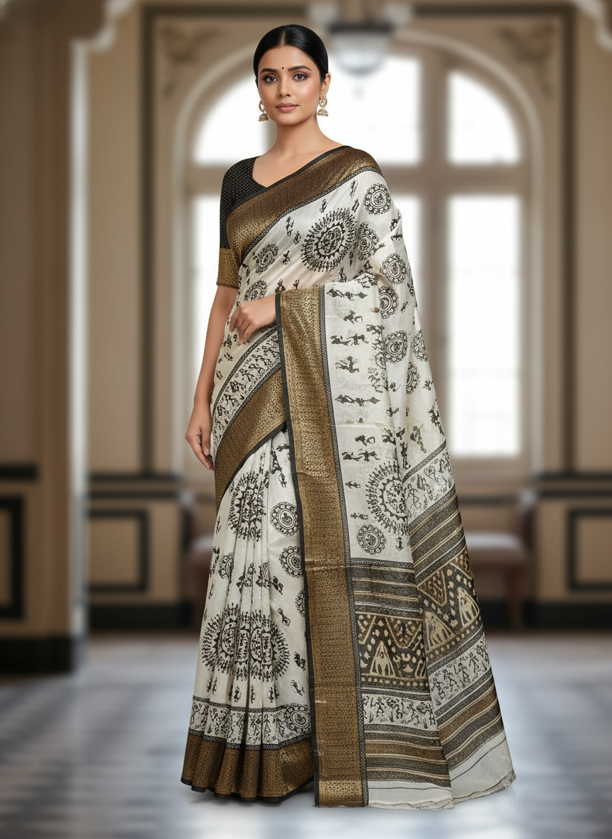 Emerald white Printed Soft chiffon Saree | AS-0096