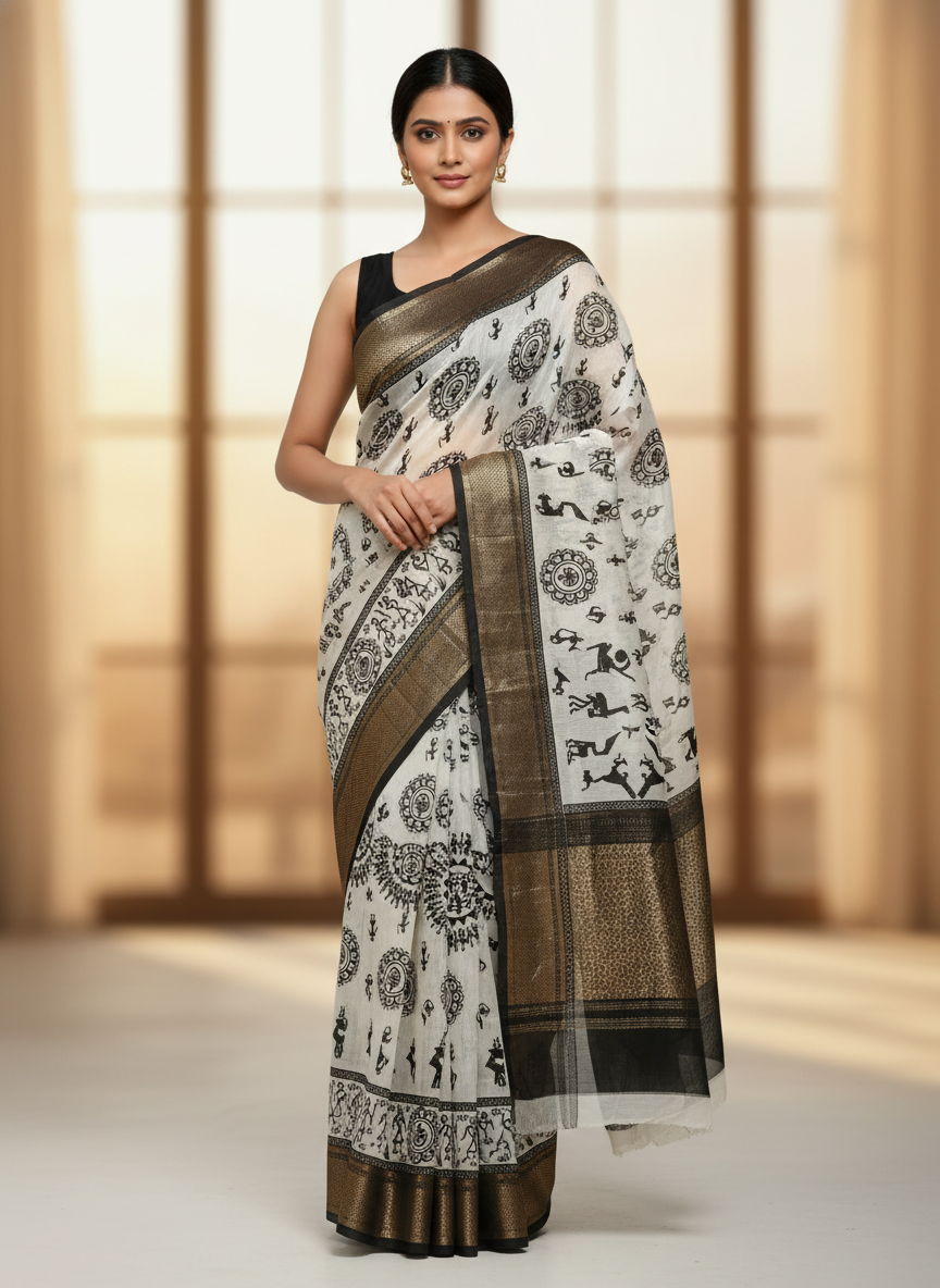 Emerald white Printed Soft chiffon Saree | AS-0096