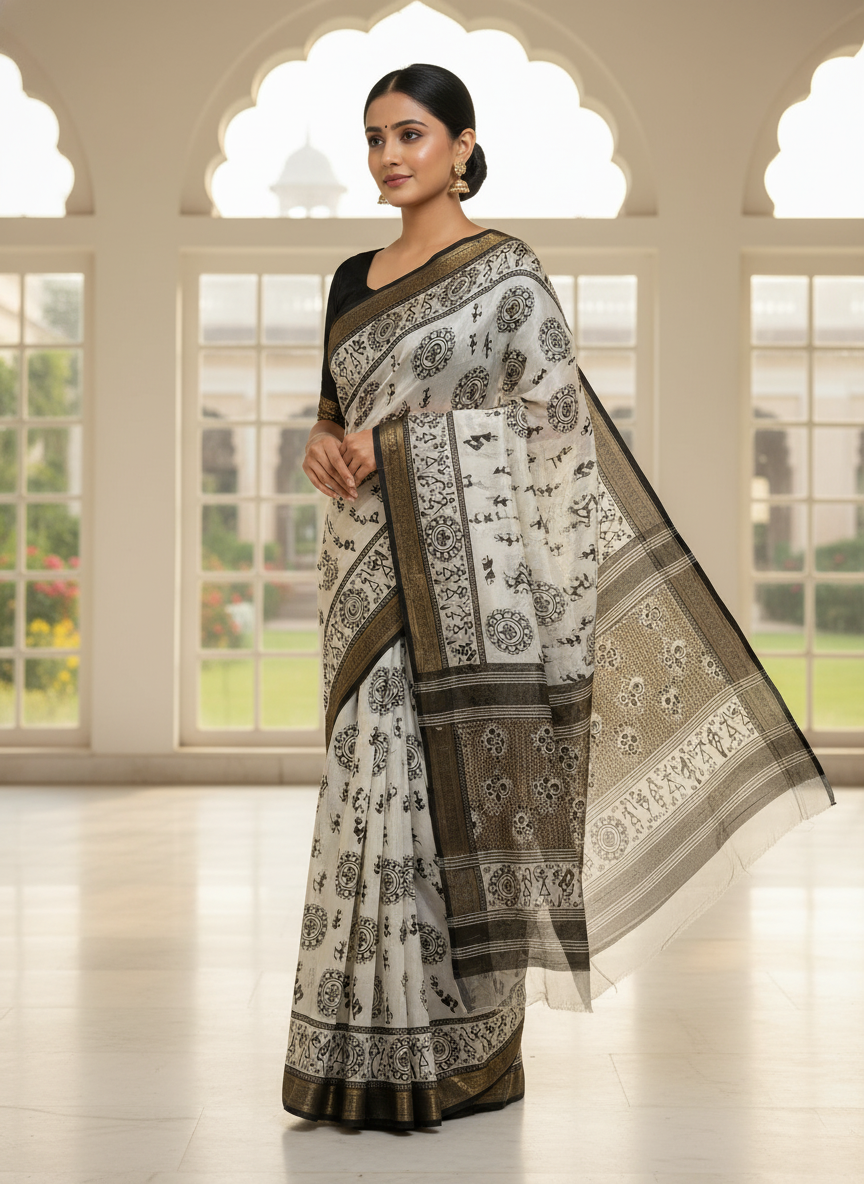 Emerald white Printed Soft chiffon Saree | AS-0096