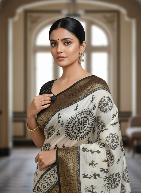 Emerald white Printed Soft chiffon Saree | AS-0096