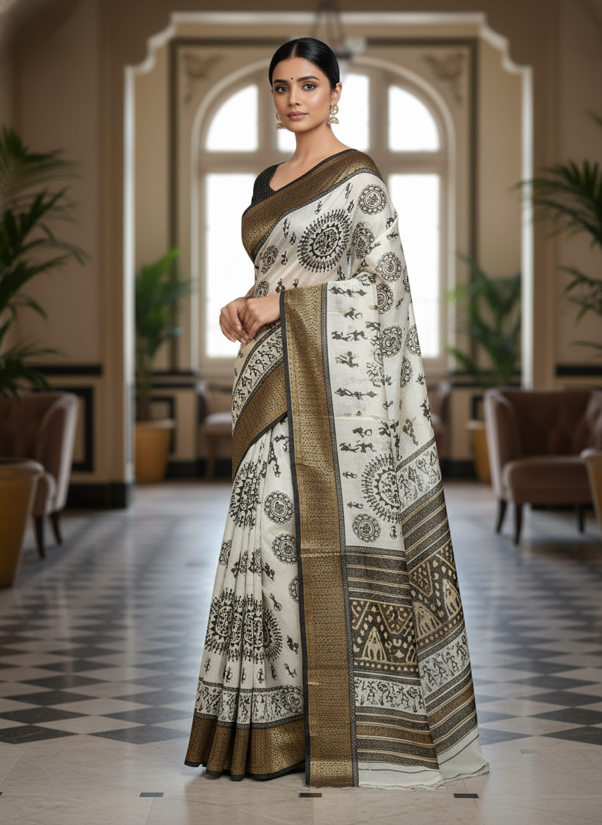 Emerald white Printed Soft chiffon Saree | AS-0096