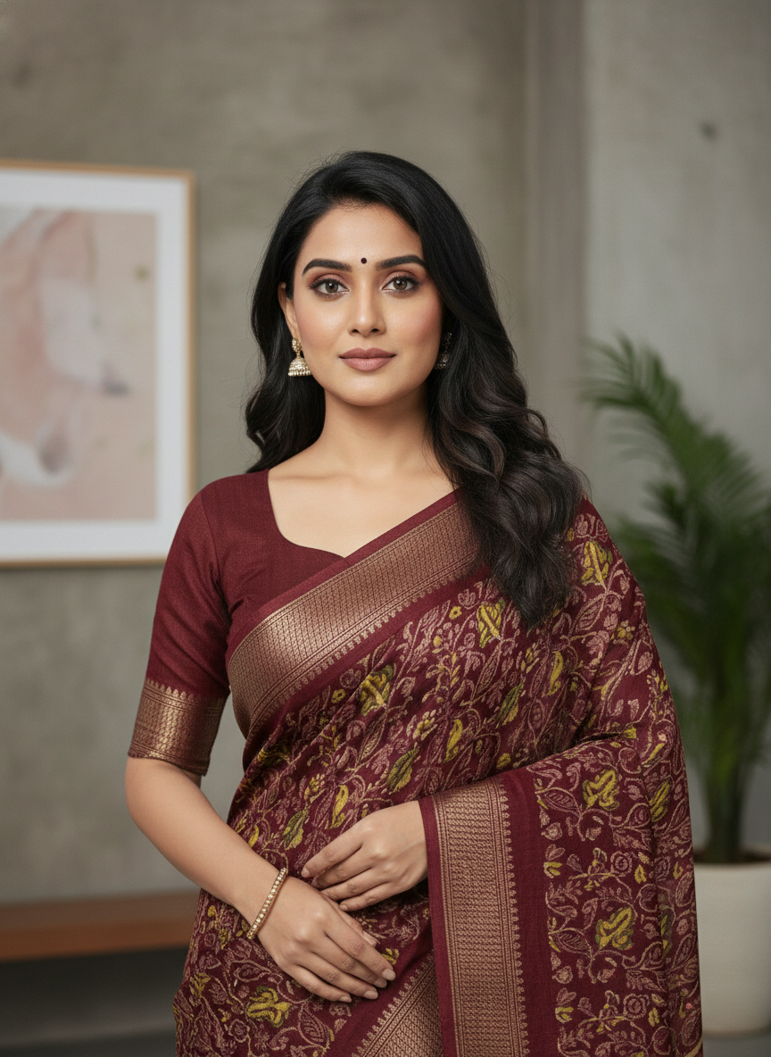 Emerald green Printed Soft chiffon Saree | AS-0099