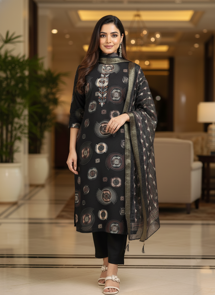 Black Printed Kurti Set For Women| AS-00199