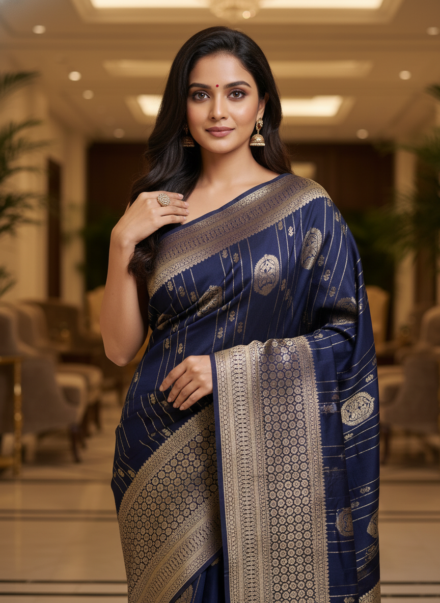 Navy Semi Silk Saree with Woven Border| AS-00247