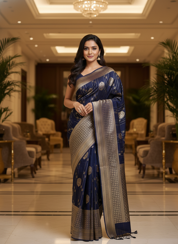 Navy Semi Silk Saree with Woven Border| AS-00247