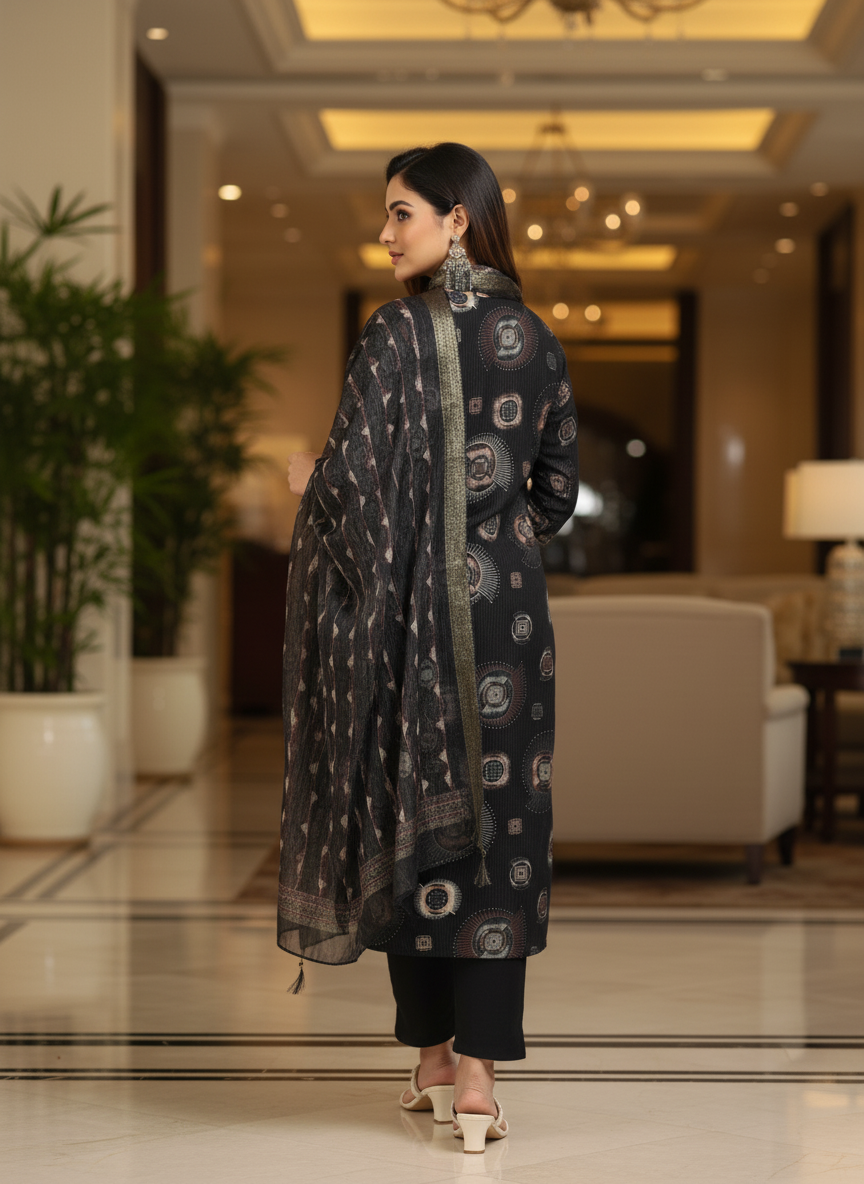 Black Printed Kurti Set For Women| AS-00199