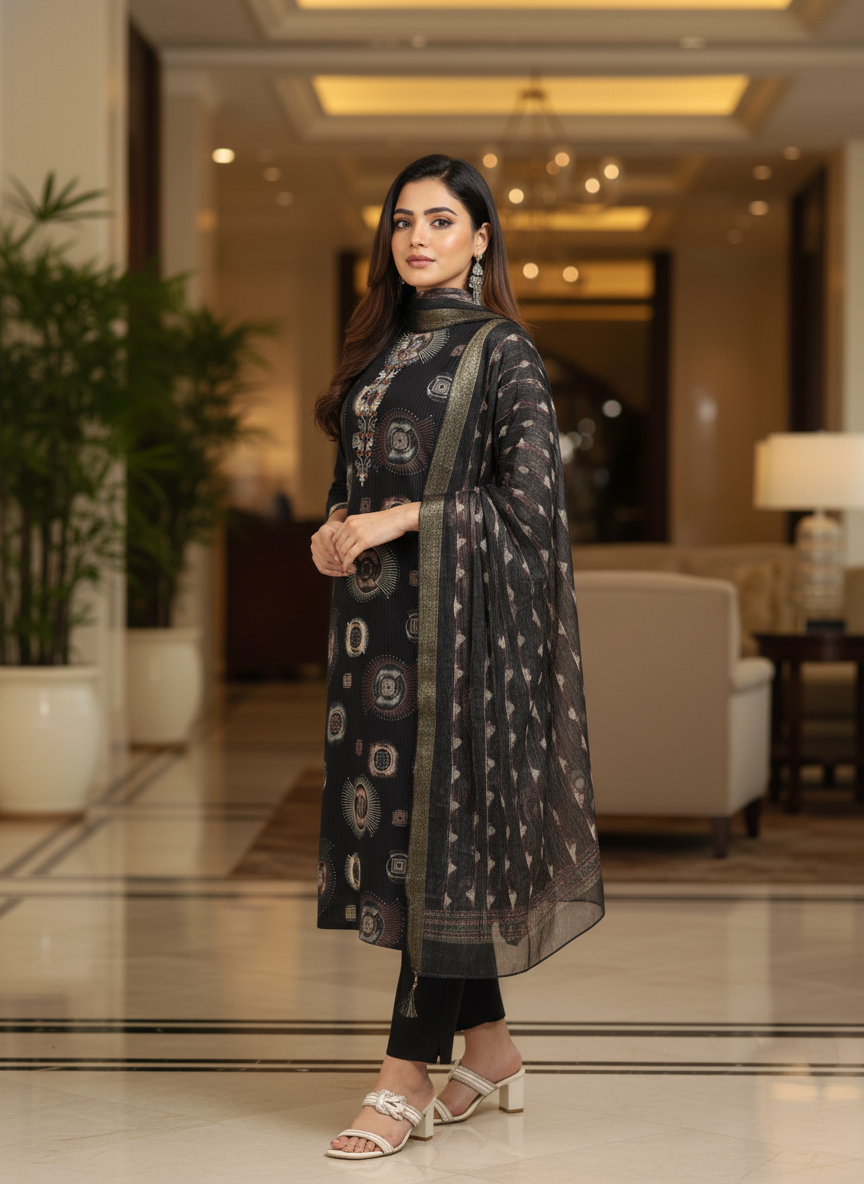 Black Printed Kurti Set For Women| AS-00199