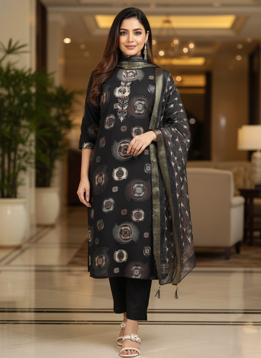 Black Printed Kurti Set For Women| AS-00199