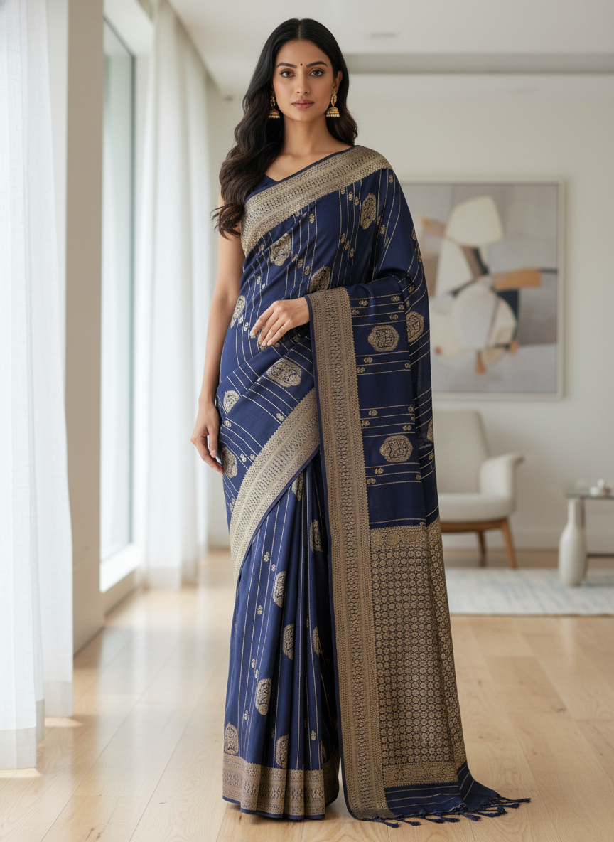Navy Semi Silk Saree with Woven Border| AS-00247