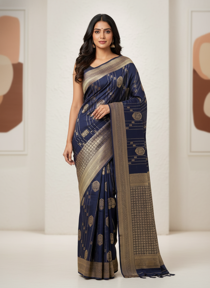 Navy Semi Silk Saree with Woven Border| AS-00247
