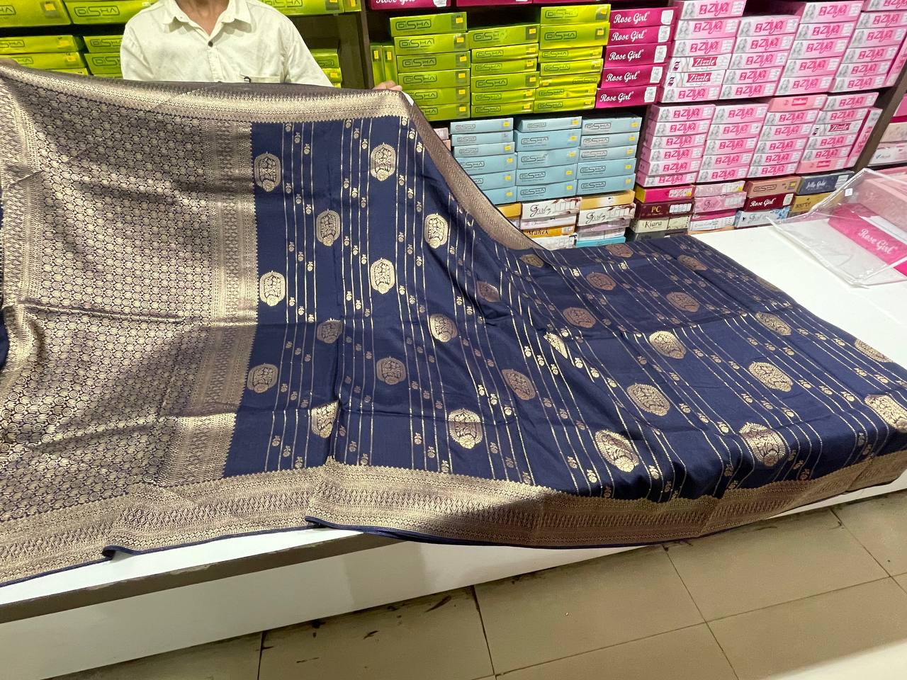 Navy Semi Silk Saree with Woven Border| AS-00247