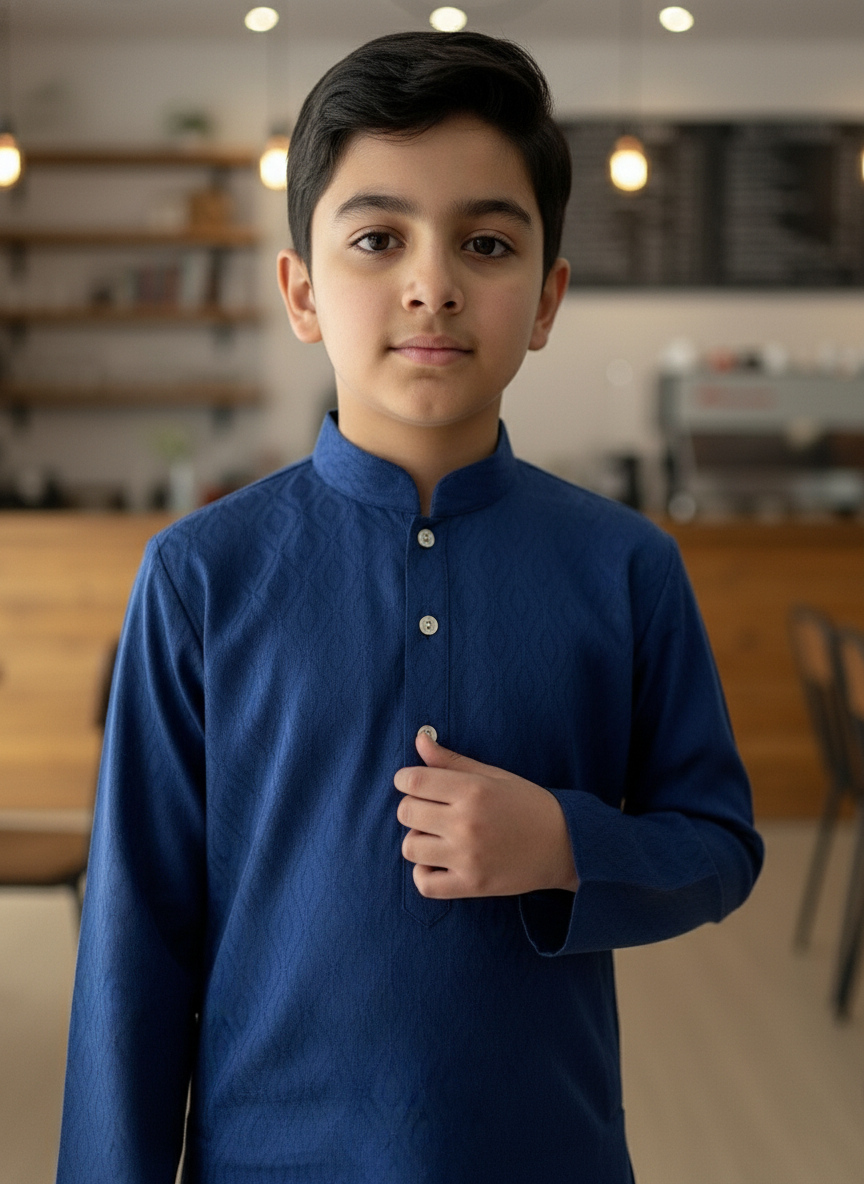 Navy print Kurta with white Pajama Set For Boys | AS-K15