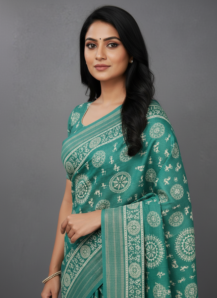 Emerald rama green Printed Soft chiffon Saree | AS-0089