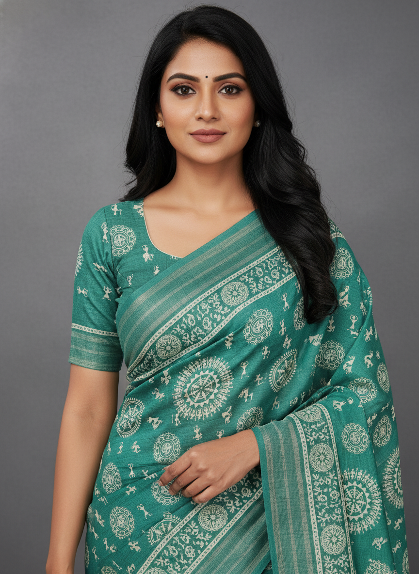 Emerald rama green Printed Soft chiffon Saree | AS-0089