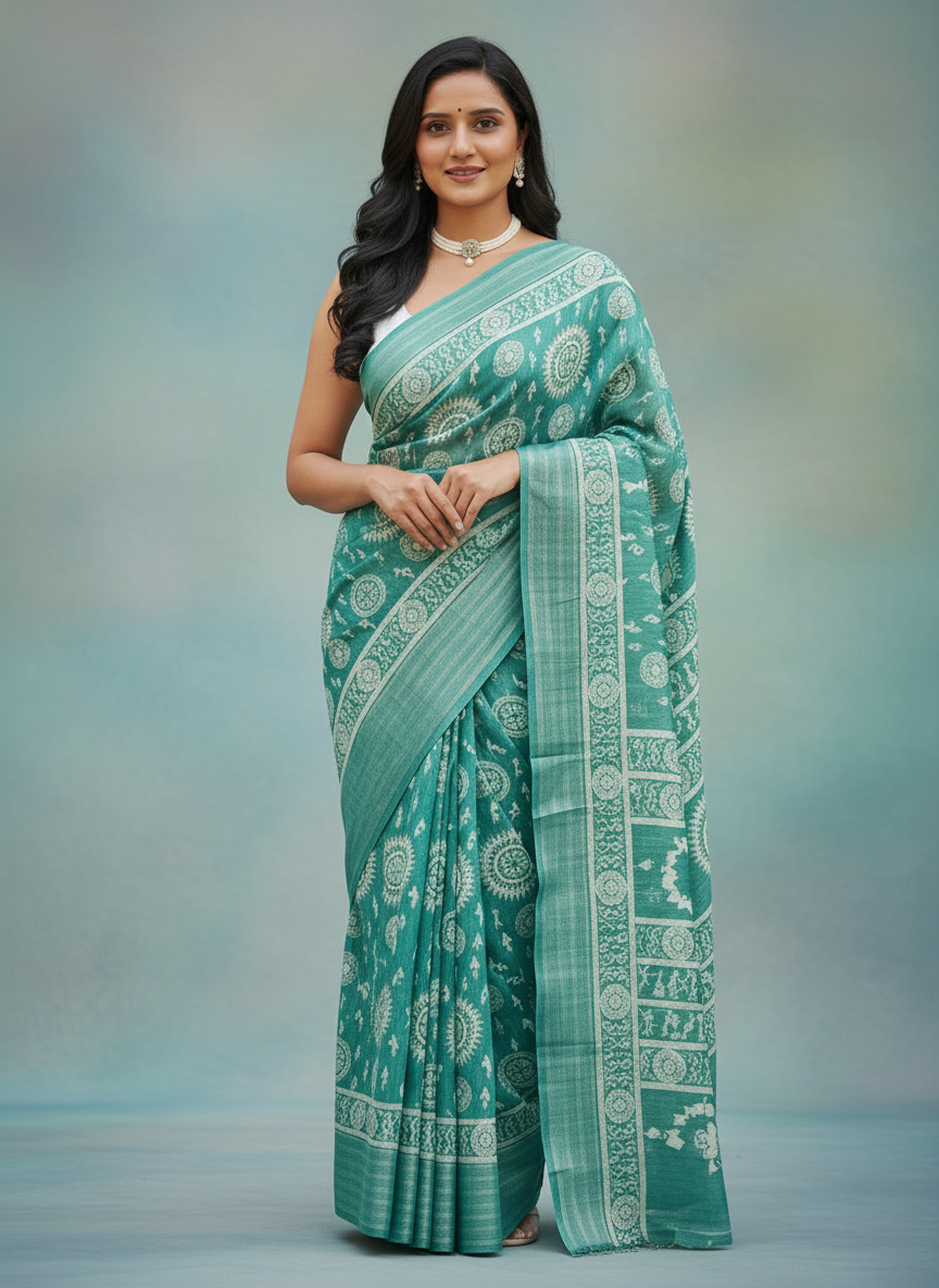 Emerald rama green Printed Soft chiffon Saree | AS-0089