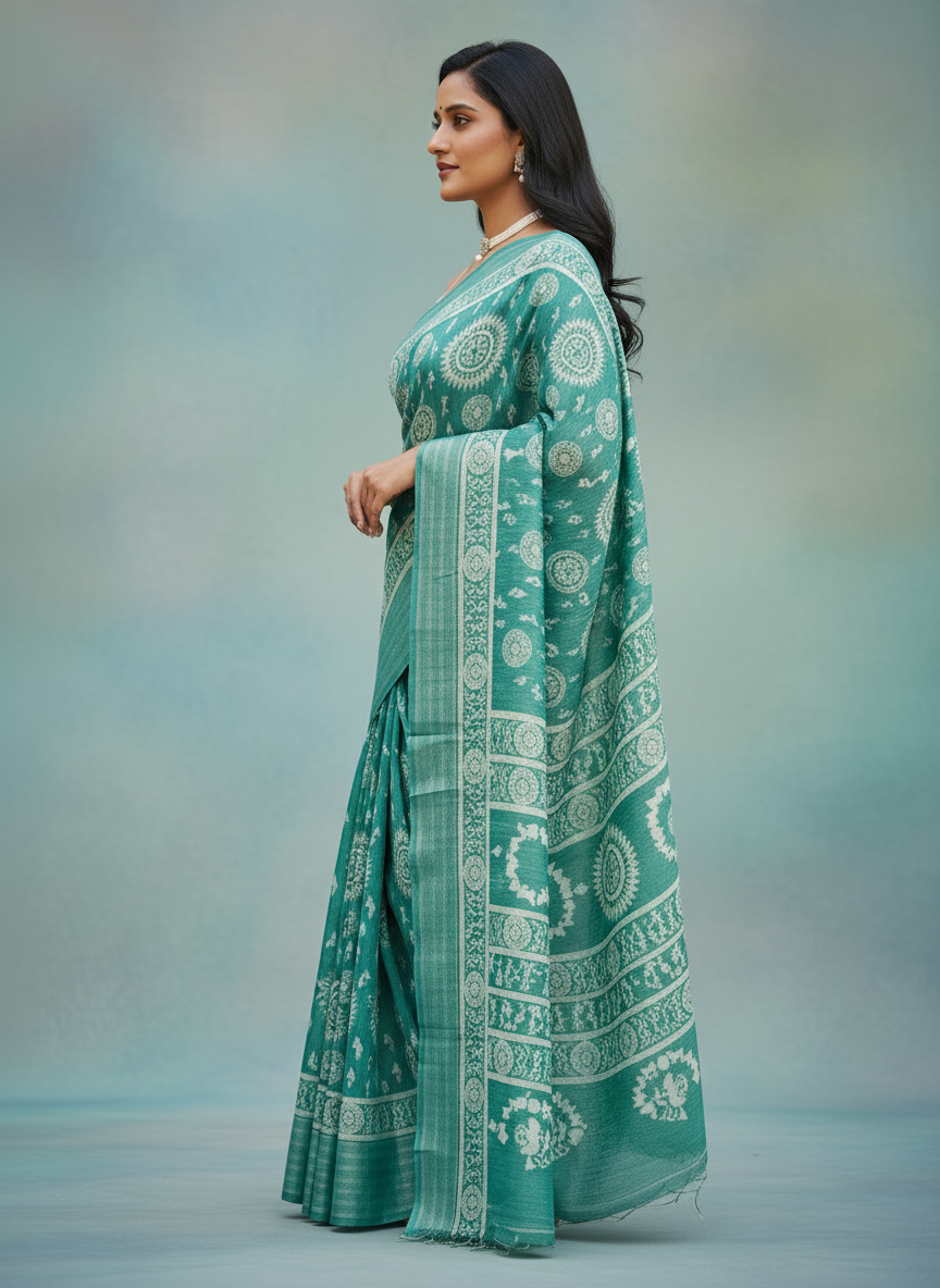 Emerald rama green Printed Soft chiffon Saree | AS-0089